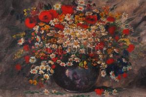 Karcagi jelzéssel: Virágcsendélet. Olaj, vászon, sérült antik keretben, 60×80 cm