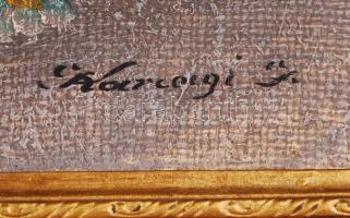 Karcagi jelzéssel: Virágcsendélet. Olaj, vászon, sérült antik keretben, 60×80 cm