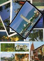 28db malaysiai képeslap szép bélyegekkel, közte a Kajmán Szigetek-beli Georgetown