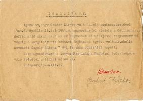 1944 Igazoló levél Magyar Partizánok Szövetségébe való felvétel érdekében