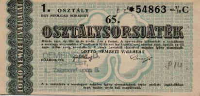 1950. "65. Osztálysorsjáték" 1-4. osztály 1/8 sorsjegy (4x) T:I