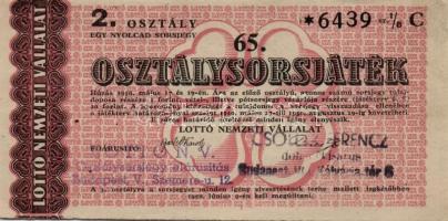 1950. "65. Osztálysorsjáték" 1-4. osztály 1/8 sorsjegy (4x) T:I