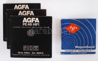 4 db  Agfa műsoros magnószalag 15 cm-es orsón a felvett számok listájával, 16×16 cm
