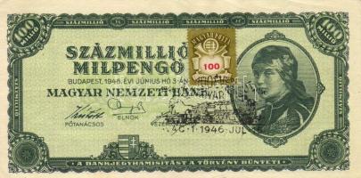 1946. 100.000.000Milpengő "100Milliárd" postabélyeggel + "100 éves a magy. vasút Vác1. 1946.júl.15" emlékbélyegzővel T:I-
