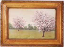 Milla jelzéssel: Virágzó fák. Festett selyem kép, üvegezett antik keretben, 32×44
