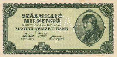 1946. 100.000.000Milpengő "Minta" lyukasztással + hátoldalán postabélyeg alkalmi lila egyesületi bélyegzővel T:I-