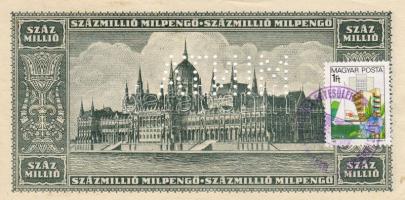 1946. 100.000.000Milpengő "Minta" lyukasztással + hátoldalán postabélyeg alkalmi lila egye...