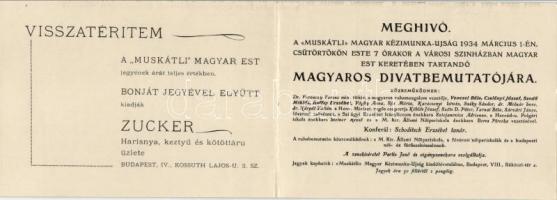 Meghívó a Muskátli magyar kézimunka újság divatbemutatójára, reklámok; folding card