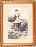 Olvashatatlan jelzéssel: Lány korsóval. Akvarell, papír, üvegezett keretben 35×28 cm