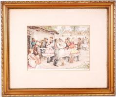 Paulovits Pál (1892-1975): Mulatság. Színezett rézkarc, papír, jelzett, üvegezett keretben, 35×25 cm