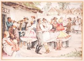 Paulovits Pál (1892-1975): Mulatság. Színezett rézkarc, papír, jelzett, üvegezett keretben, 35×25 cm