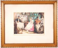 Paulovits Pál (1892-1975): Pihenő nap. Színezett rézkarc, papír, jelzett, üvegezett keretben, 35×25 cm