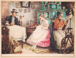 Paulovits Pál (1892-1975): Pihenő nap. Színezett rézkarc, papír, jelzett, üvegezett keretben, 35×25 ...