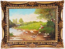 Vértessy jelzéssel: Libapásztor. Olaj, farost, antik keretben, 45×60 cm