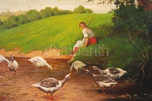 Vértessy jelzéssel: Libapásztor. Olaj, farost, antik keretben, 45×60 cm