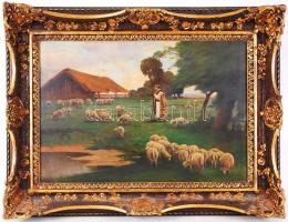 Jelzés nélkül :Pásztor a tanyán. Olaj, farost, antik keretben, 45×60 cm