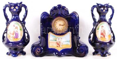 Josef Strnact óra és vázapár, fajansz, jelzett, matricás, apró kopások, m:24 cm