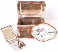 Fém tétel: Antik dobozka, kulcs nélkül, zománc tálka, púdertartó