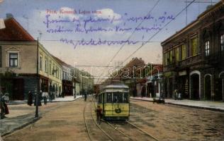 Pécs, Kossuth Lajos utca, villamos, üzletek (EK)