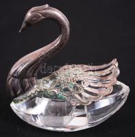 Szecessziós hattyús só-bors tartó, ezüst (Ag.) és ólomkristály, nyitható-zárható a szárny résznél, jelzett, mesterjeles, hibátlan, bruttó: 77 g, 6×7 cm / Silver and Swan salt and pepper holder, silver and crystal