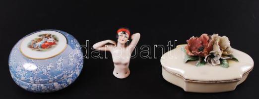Porcelán tétel: Matricás bonbonier, rózsás (sérült) bonbonier, art-decos női akt (hiányos)