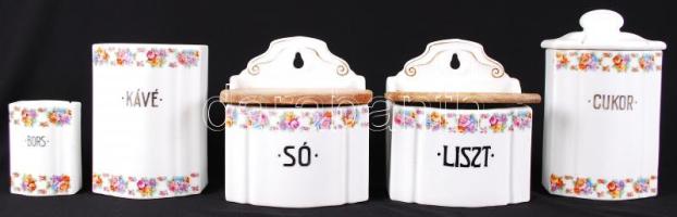Háború előtti Zsolnay  liszt-, cukor-, só-, bors-, kávé, edények, egyik sérült, matricások, jelzettek