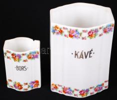 Háború előtti Zsolnay  liszt-, cukor-, só-, bors-, kávé, edények, egyik sérült, matricások, jelzette...