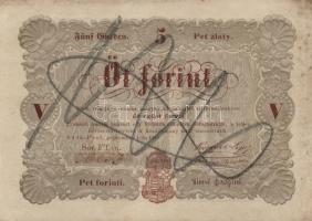 1848. 5Ft "Kossuth bankó" barna érvénytelenítve T:II(hajtatlan, foltok)