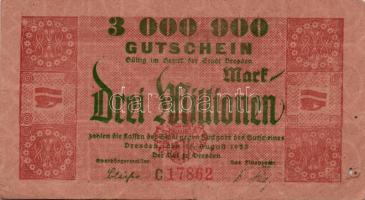 Német Birodalom/Weimari Köztársaság/Drezda 1923. 1.000.000M + 3.000.000M (3x) mind klf városi pénz T:III,III- Germany/Weimar Republic/Dresden 1923. 1.000.000 Mark + 3.000.000 Mark (3x) different C:F,VG