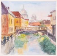 Jelzés nélkül: Városkép. Akvarell, papír, üvegezett keretben 42×42 cm
