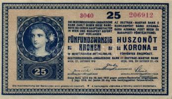 1918. 25K "3040" hullámos hátlap "KISKUNHALAS R.T. VÁROS FŐPÉNZTÁRA" pecsételéss...