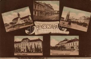 Békéscsaba gyalogsági laktanya, Rudolf gimnázium, Kossuth szobor, Andrássy út színházzal és Árvay Rezső üzletével, Fő tér