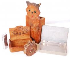 Vegyes régi bolha tétel: fa szivarka, fém szivarka doboz, öngyújtó, Hercules rajzszeg, kis intarziás...