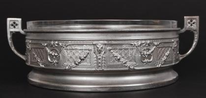 Fém kínálótál, jelzett, gazdagon díszített, eredeti hibátlan üvegbetéttel, m:8 cm, d:24 cm