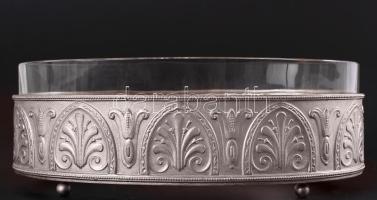 Fém ovális kínálótál, jelzett, gazdagon díszített, eredeti hibátlan üvegbetéttel, m:8 cm, h:24 cm