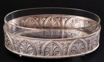 Fém ovális kínálótál, jelzett, gazdagon díszített, eredeti hibátlan üvegbetéttel, m:8 cm, h:24 cm