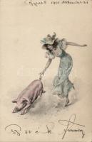New Year, lady runs with pig (small tear)