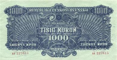 Csehszlovákia 1944. 100K "SPECIMEN" perforációval T:II- Czechoslovakia 1944. 1000 Korun "SPECIMEN" perforations C:VF