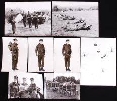 1980-1990 8db katonai fotó egyenruhákról, menetfelszerelésről, harcászati gyakorlatról, 13x18-18x24cm