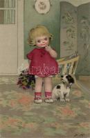 Girl, dog, litho, artist signed