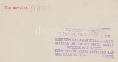 cca 1933 Kerny István (1879-1963): Aratás. Vintage fotó, hátoldalán szerzői pecséttel jelzett, 22x16...