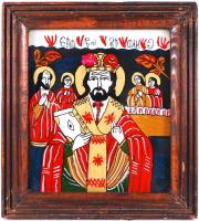 Jelzés nélkül: Antik erdélyi festett üveg ikon. Hibátlan , kopott, keretben 26×24 cm