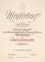 1955 Meisterbrief Otto Holpen részére, német nyelven, üvegezett keretben 50×35 cm