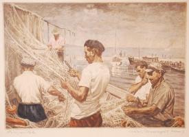 Csáki Maronyák József (1910-2002): Hálókészítők. Rézkarc. Jelzett, üvegezett keretben. képméret  27 ...