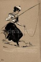 Fishing lady, Emb. card s: Heyer