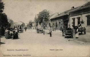 Dunaföldvár Kossuth Lajos utca, Schwendtner Ferenc üzlete, templom (fa)