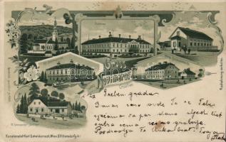 Novi Marof church, castle, post office, district court and authority, shop of W. Ebenspanger, litho (EK)