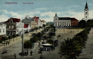 Nagykanizsa Fő út, templom, Pollák József kereskedése, takarékpénztár, kávézó (Rb)