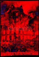 1903. aug. 24. Az égő Párizsi Nagy Áruház. Fotóreprodukció a Vasárnapi Újságban megjelent, híres illusztrációról, piros papíron, feliratozva, ismeretlen aláírással, levlap méretben