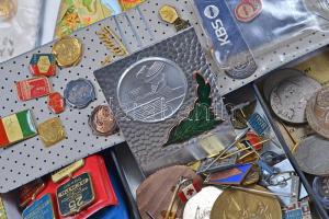 Vegyes numizmatika tétel fémpénzekkel, kitűzőkkel dobozban T:vegyes